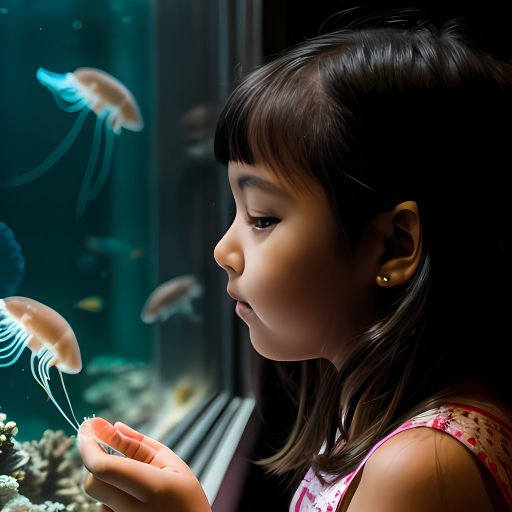 水族館でクラゲを見る黒髪の女の子＿AI画像生成